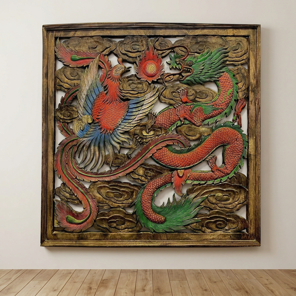 Handcrafted Teak Wood Dragon & Phoenix Wall Art Panel