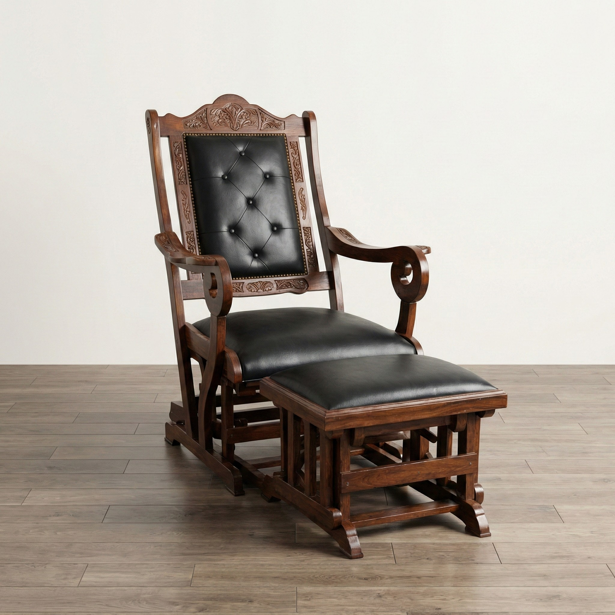 Carved Wooden Armchair with Footstool