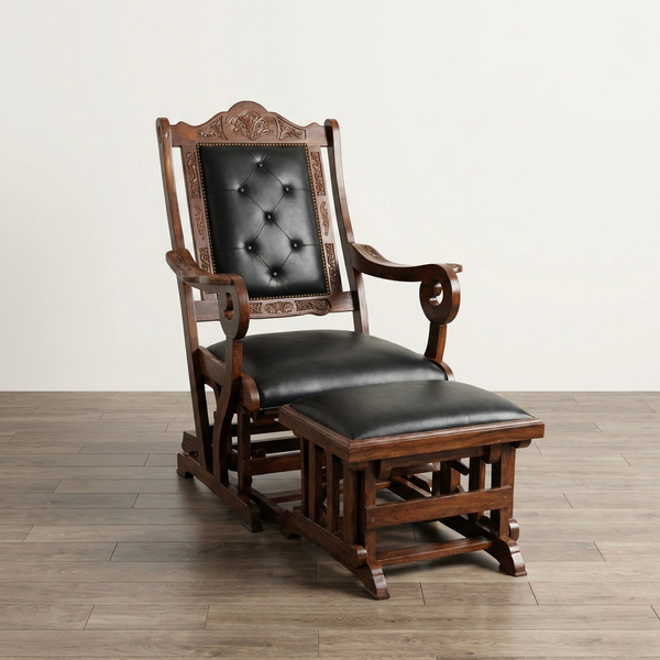 Carved Wooden Armchair with Footstool