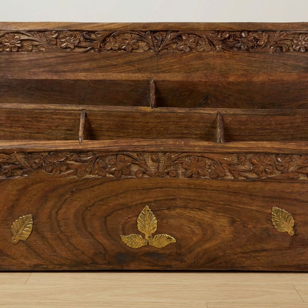 Handmade Thai Wooden Organizer with Brass Inlay