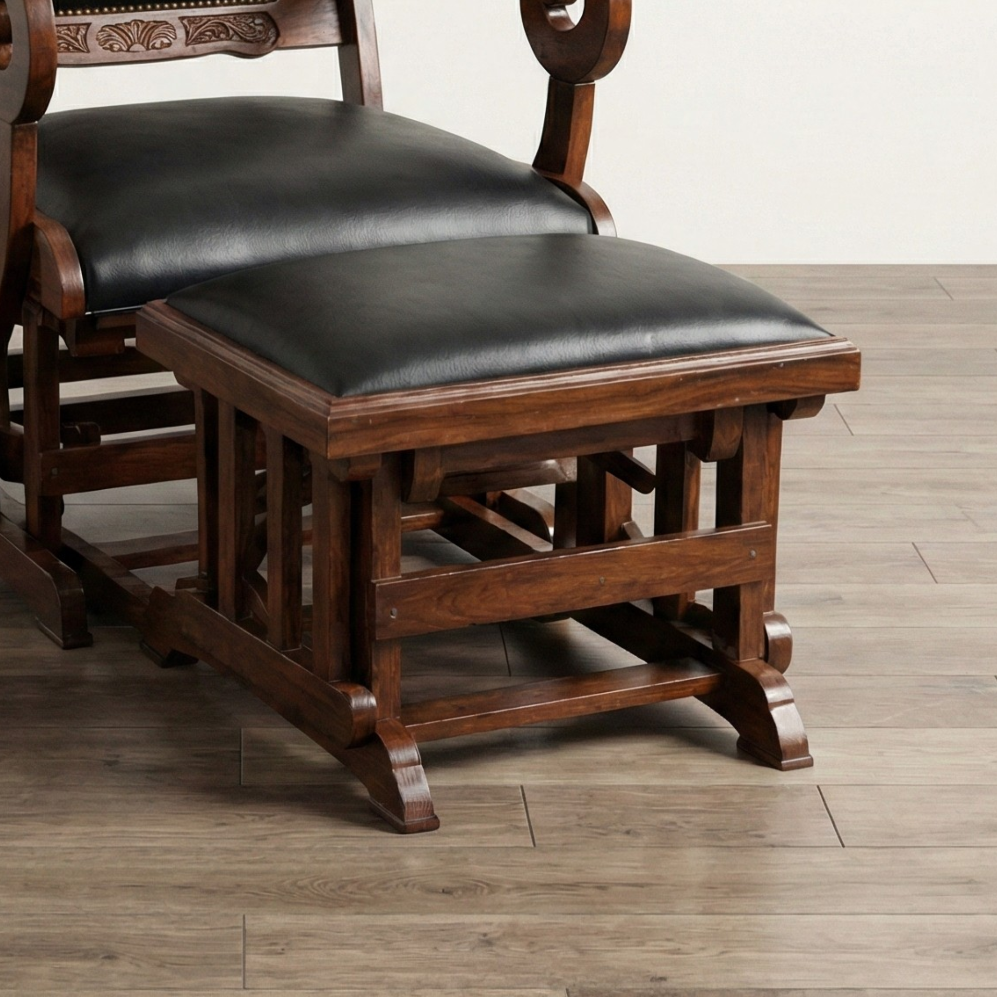 Carved Wooden Armchair with Footstool