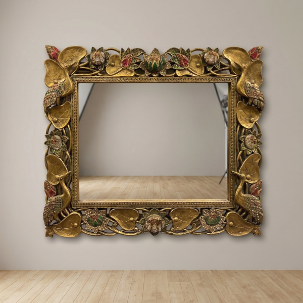 Handcrafted Ornate Wall Mirror with Bird & Floral Design