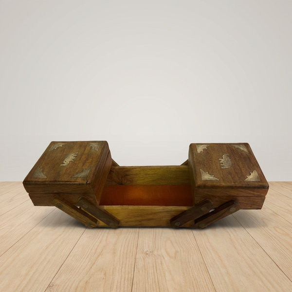 Expandable Wooden Sewing Box with Brass Inlay