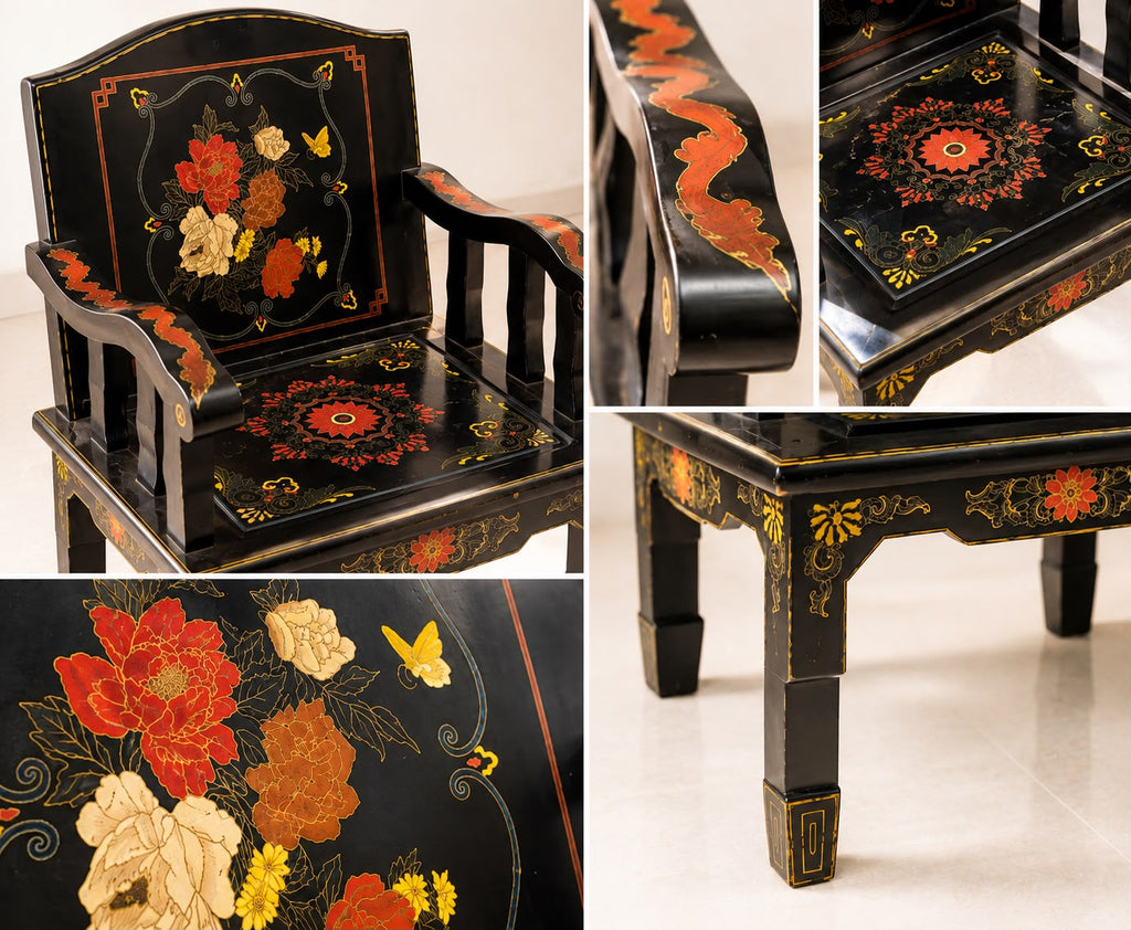 Chinese Teak Wood Chair with Hand-Painted Design
