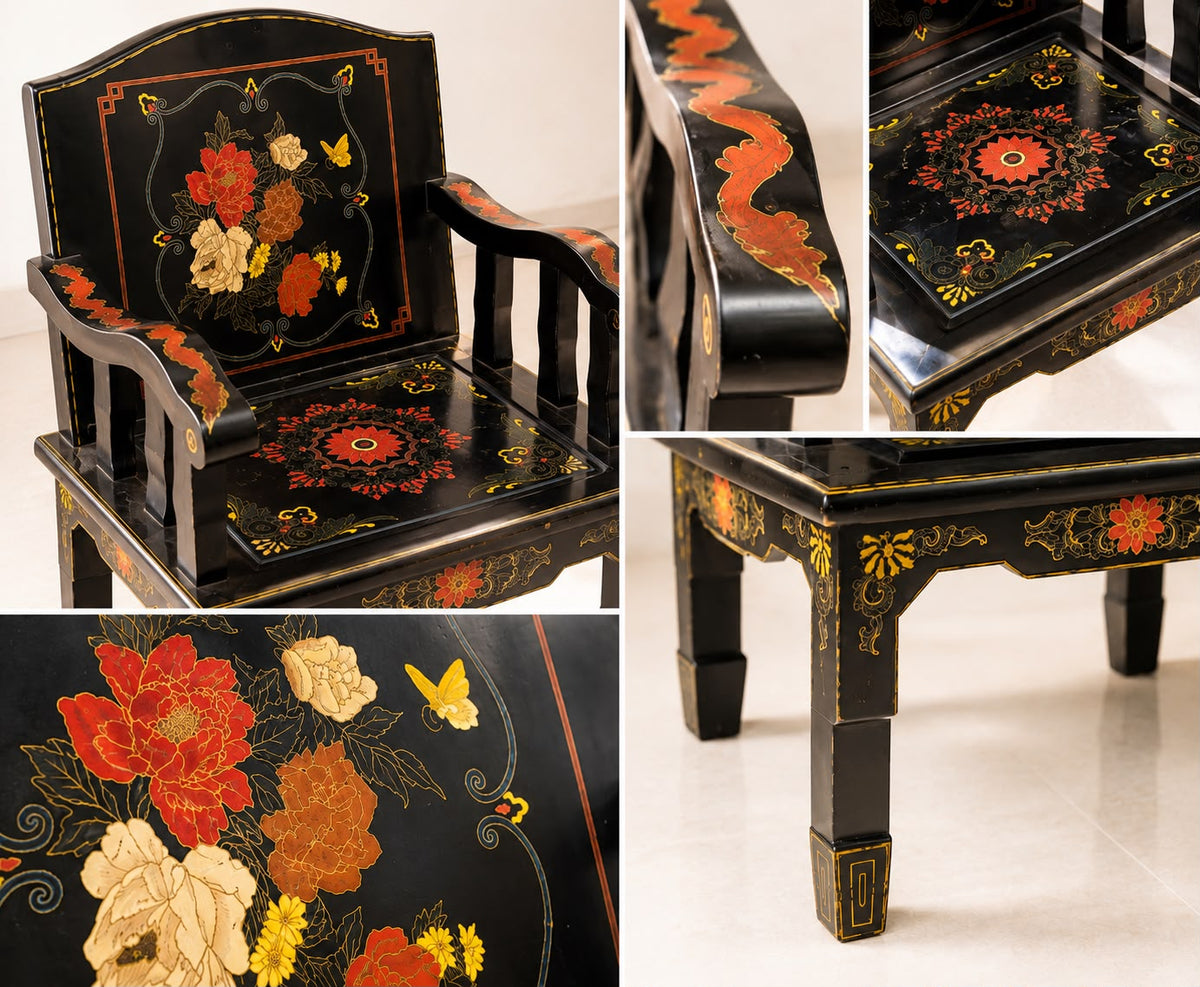 Chinese Teak Wood Chair with Hand-Painted Design