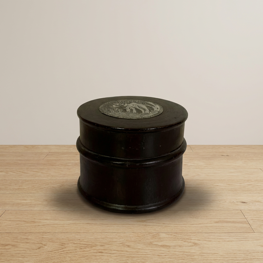 Round Wooden Box with Metal Elephant Inlay