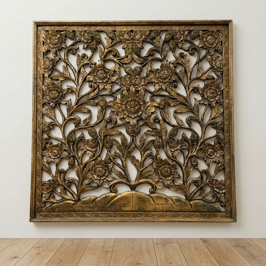 Handcrafted Carved Wooden Floral Wall Panel