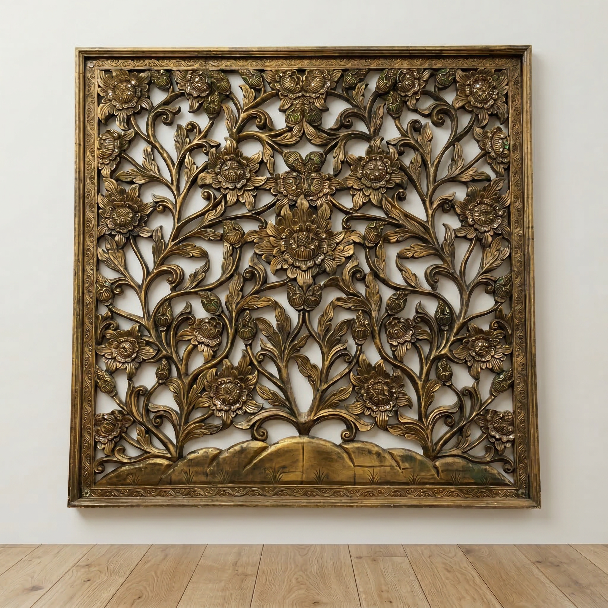 Handcrafted Carved Wooden Floral Wall Panel