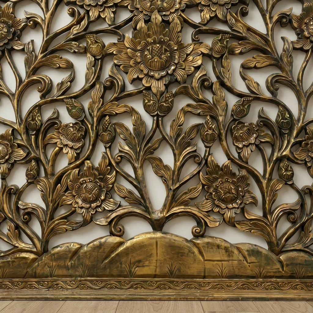 Handcrafted Carved Wooden Floral Wall Panel