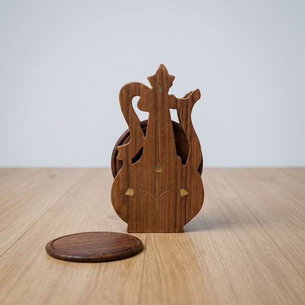 Handmade Wooden Coaster Set with Artistic Holder – Brass Inlay