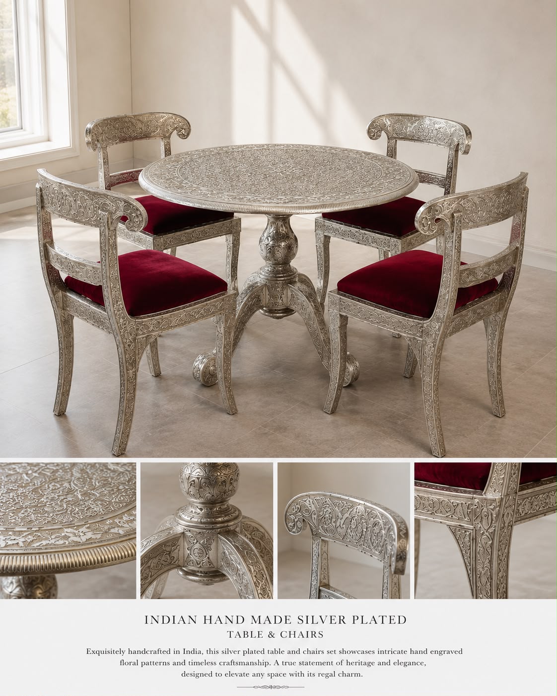 INDIAN HAND MADE SILVER PLATED TABLE & CHAIRS