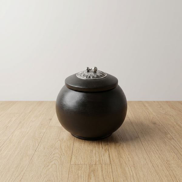 Thai Style Wooden Decorative Storage Jar with Metal Lid