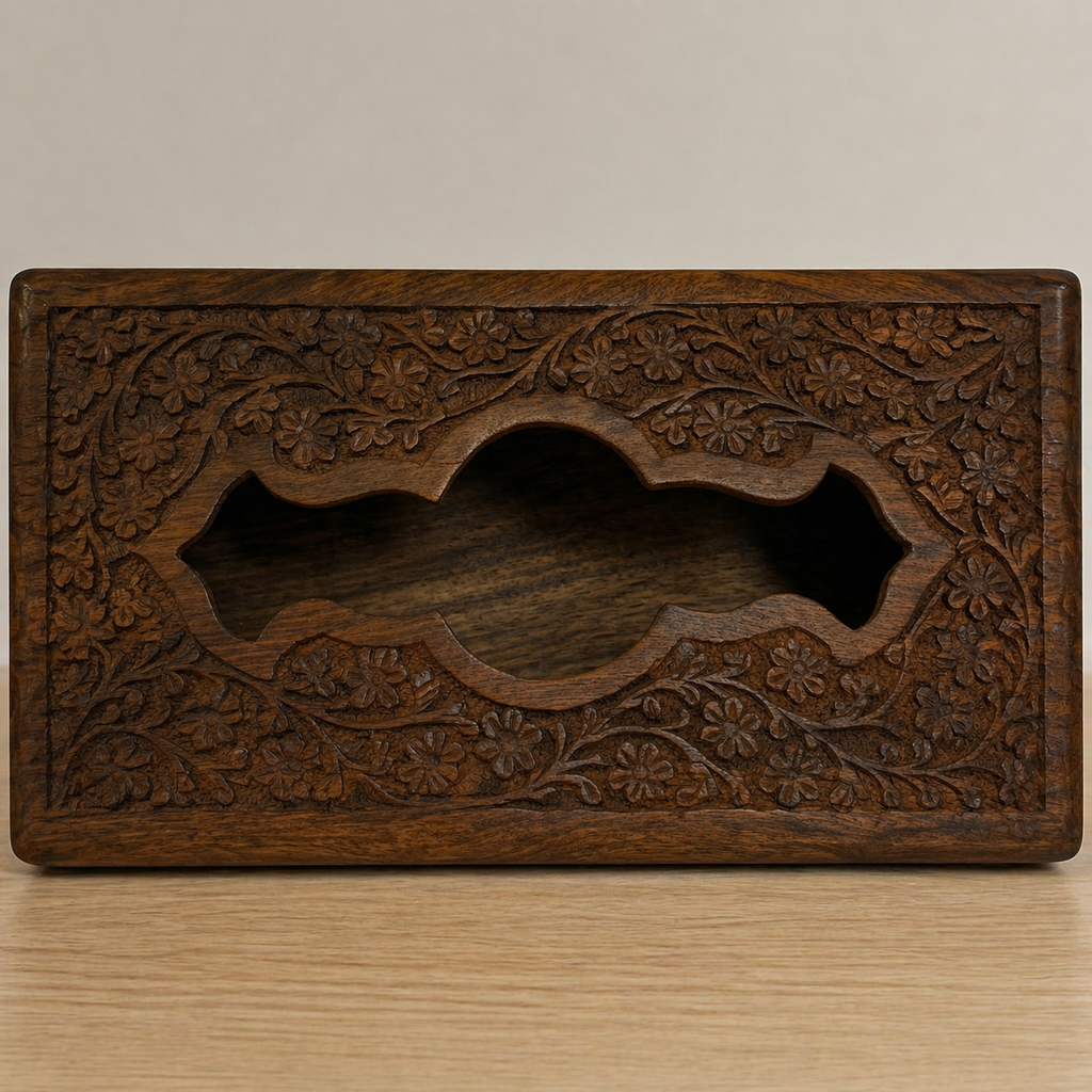 Hand-Carved Indian Wooden Tissue Box