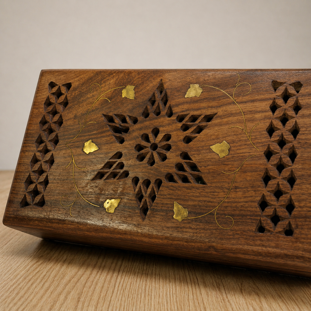 Hand-Carved Wooden Incense Burner with Brass Inlay