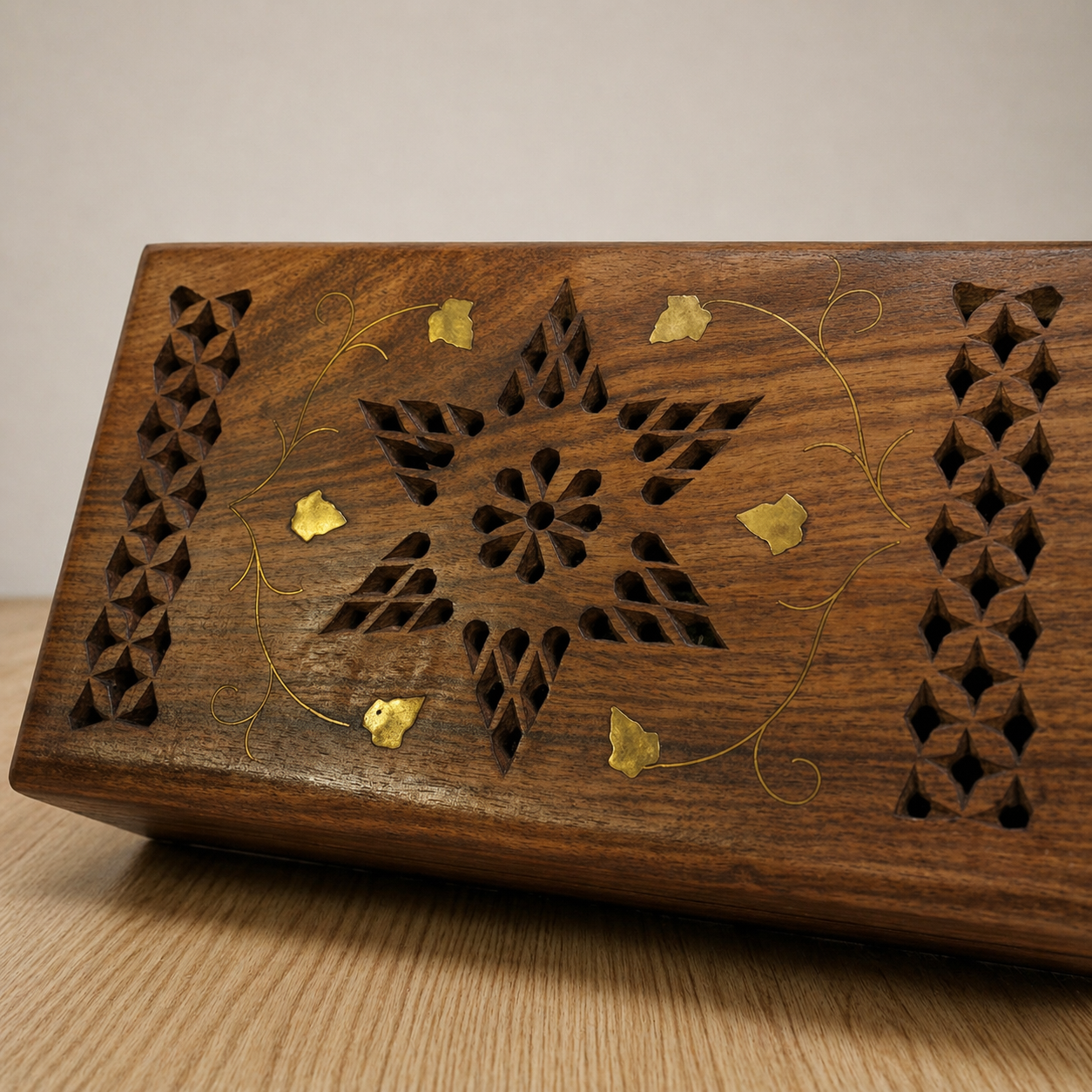 Hand-Carved Wooden Incense Burner with Brass Inlay