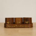 Hand-Carved Wooden Sugar Tea Coffee Canister Set with Brass Inlay