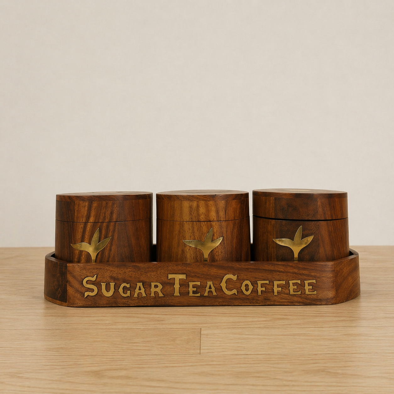 Hand-Carved Wooden Sugar Tea Coffee Canister Set with Brass Inlay