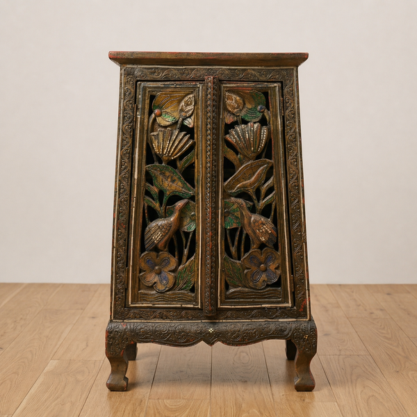 Handcarved Wooden Cabinet with Floral & Bird Motif – Vintage Handmade Storage Unit