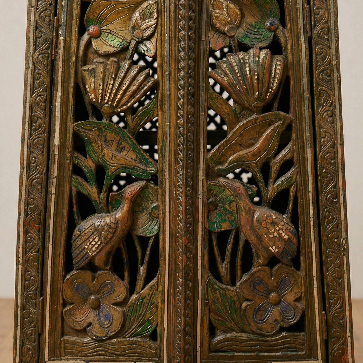 Handcarved Wooden Cabinet with Floral & Bird Motif – Vintage Handmade Storage Unit