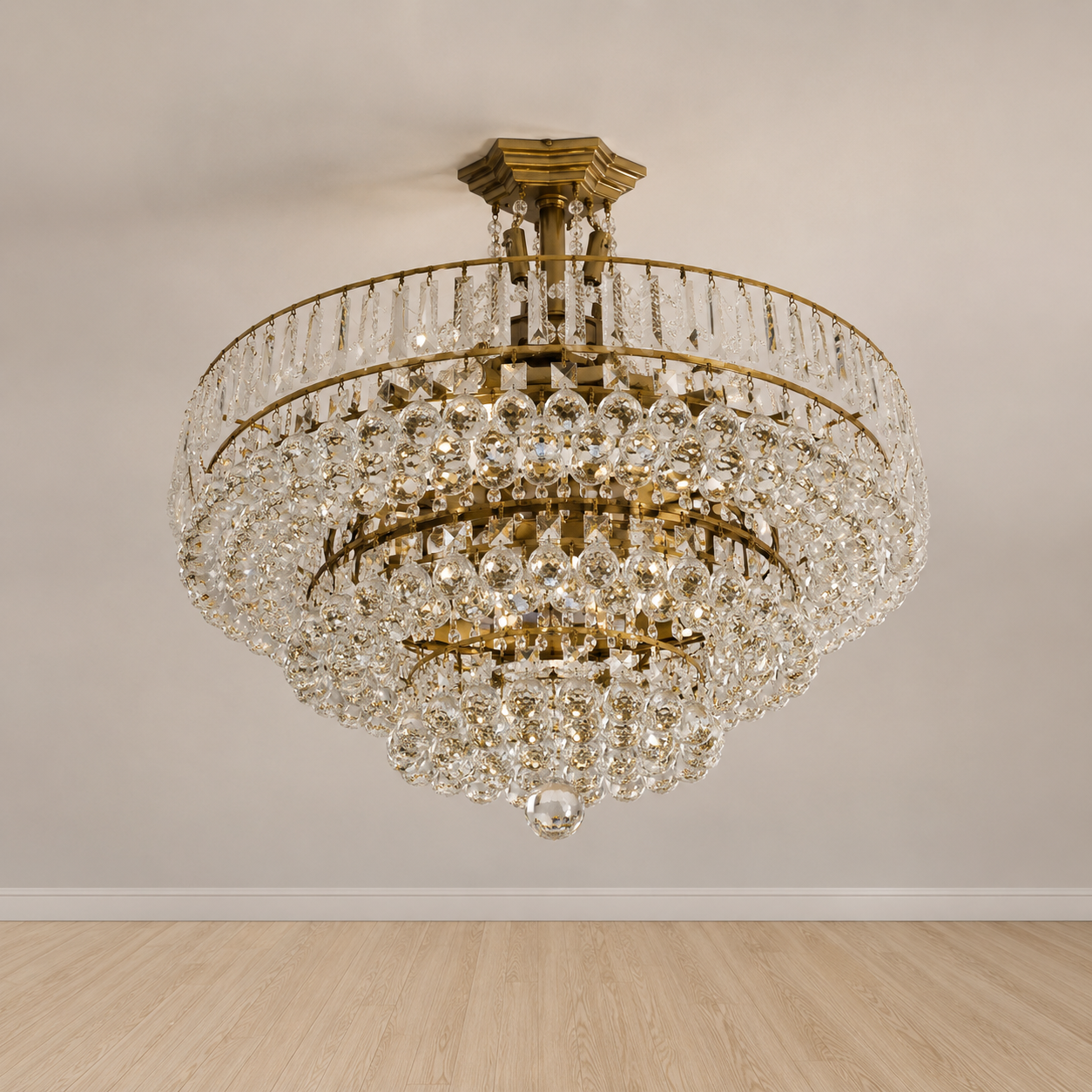 Large Antique Brass & Crystal Multi-Tier Chandelier