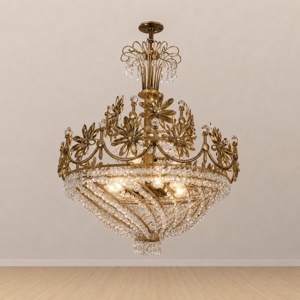 Classic Floral Brass & Crystal Chandelier