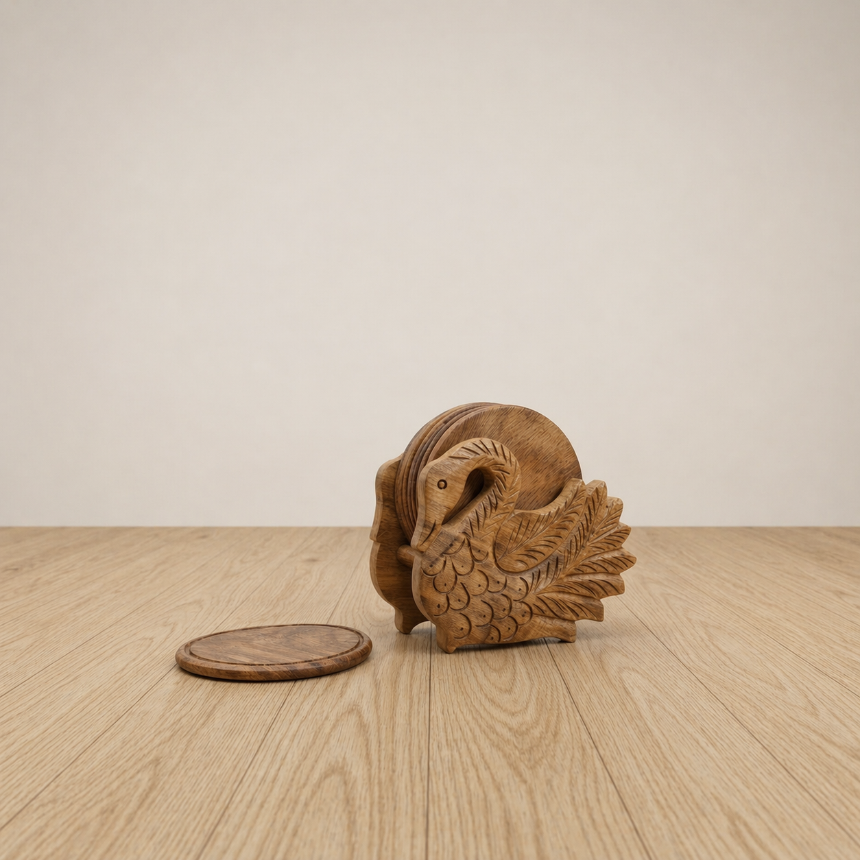 Hand-Carved Wooden Swan Coaster Set with Holder