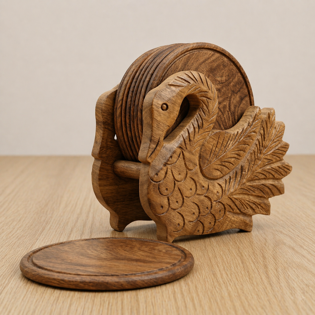 Hand-Carved Wooden Swan Coaster Set with Holder