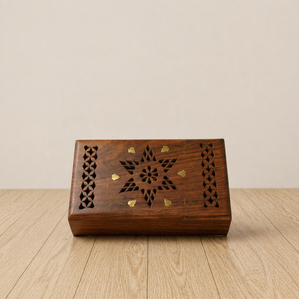 Hand-Carved Wooden Incense Burner with Brass Inlay