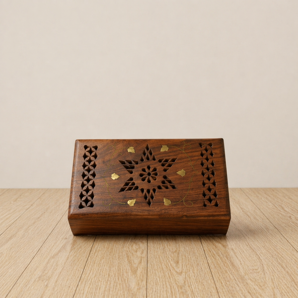Hand-Carved Wooden Incense Burner with Brass Inlay