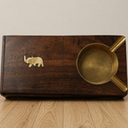 Hand-Carved Pakistani Wooden Ashtray with Brass