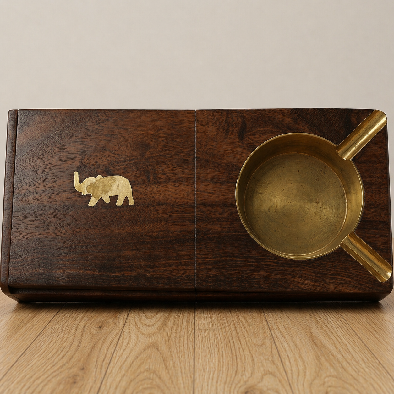 Hand-Carved Pakistani Wooden Ashtray with Brass
