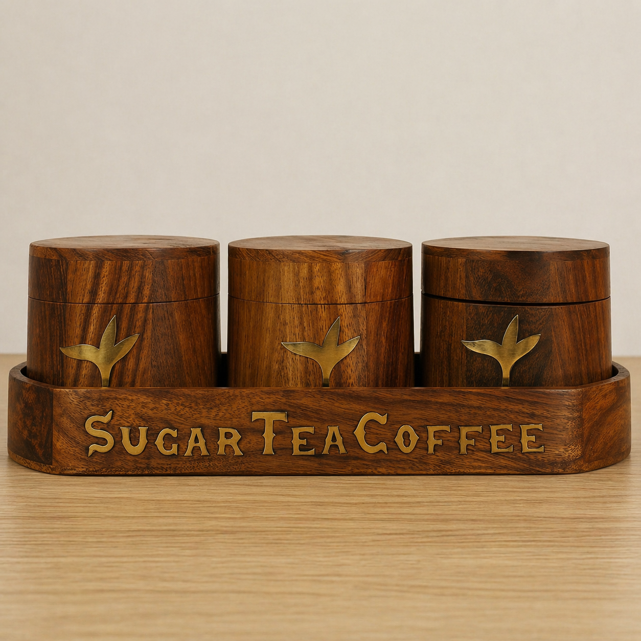 Hand-Carved Wooden Sugar Tea Coffee Canister Set with Brass Inlay