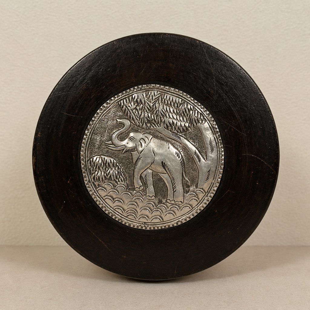 Round Wooden Box with Metal Elephant Inlay