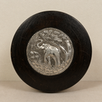 Round Wooden Box with Metal Elephant Inlay
