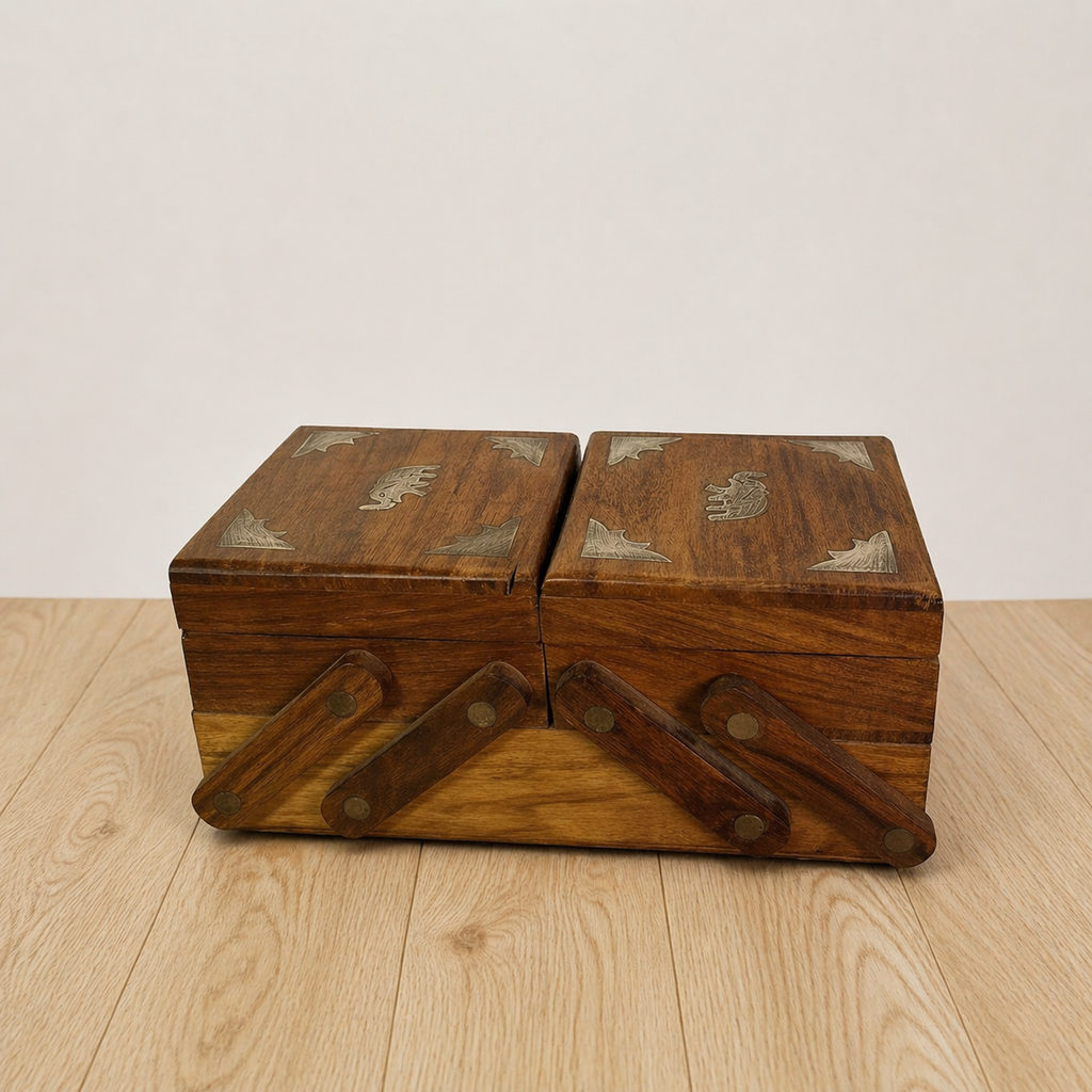 Expandable Wooden Sewing Box with Brass Inlay