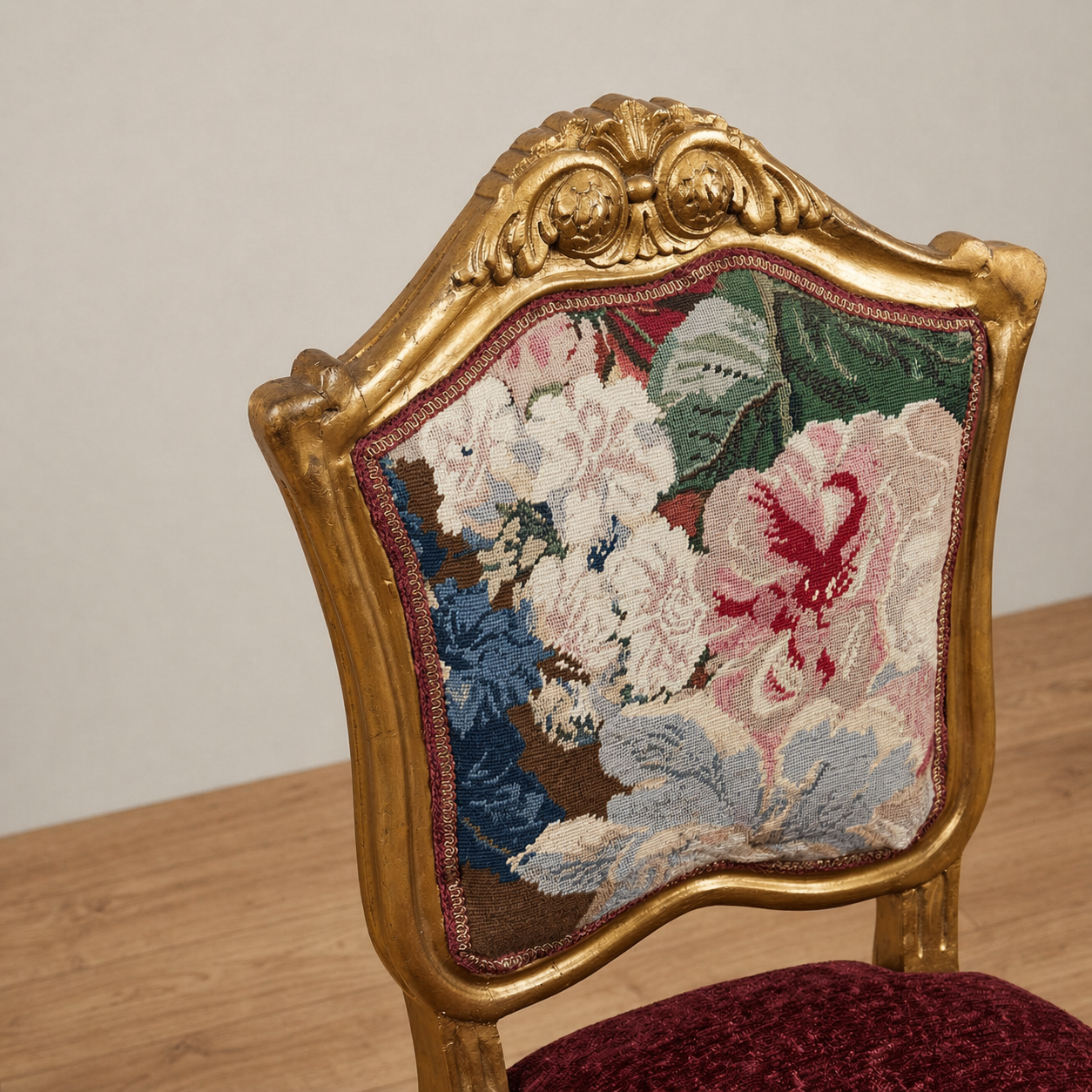 French Louis Style Chair with Floral Needlepoint