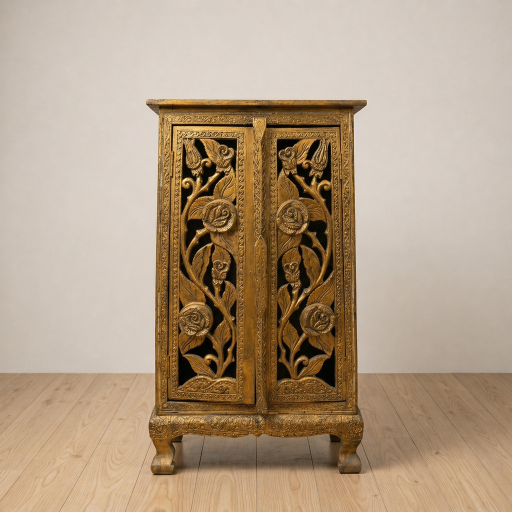 Handcarved Wooden Cabinet with Floral Design – Gold Finish Handmade Storage Unit