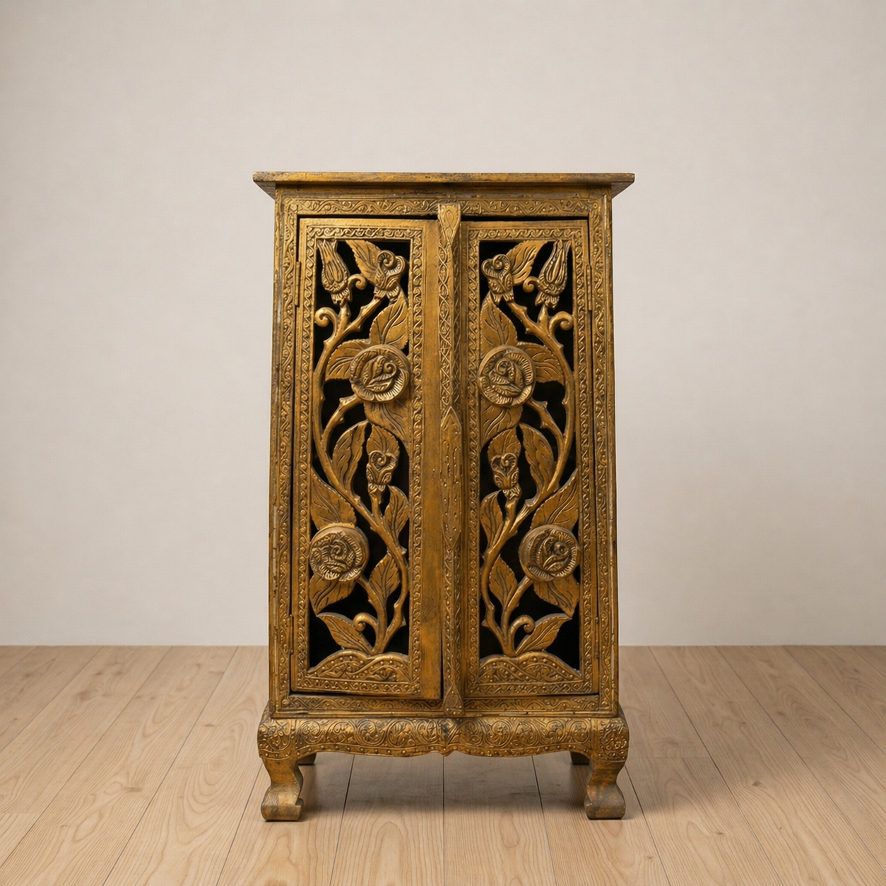 Handcarved Wooden Cabinet with Floral Design – Gold Finish Handmade Storage Unit