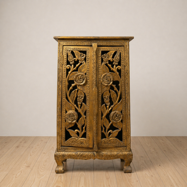 Handcarved Wooden Cabinet with Floral Design – Gold Finish Handmade Storage Unit