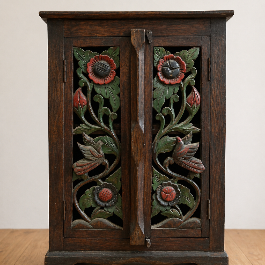 Handcarved Wooden Cabinet with Floral & Bird Design – Handmade Storage Unit