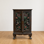 Handcarved Wooden Cabinet with Floral & Bird Design – Handmade Storage Unit