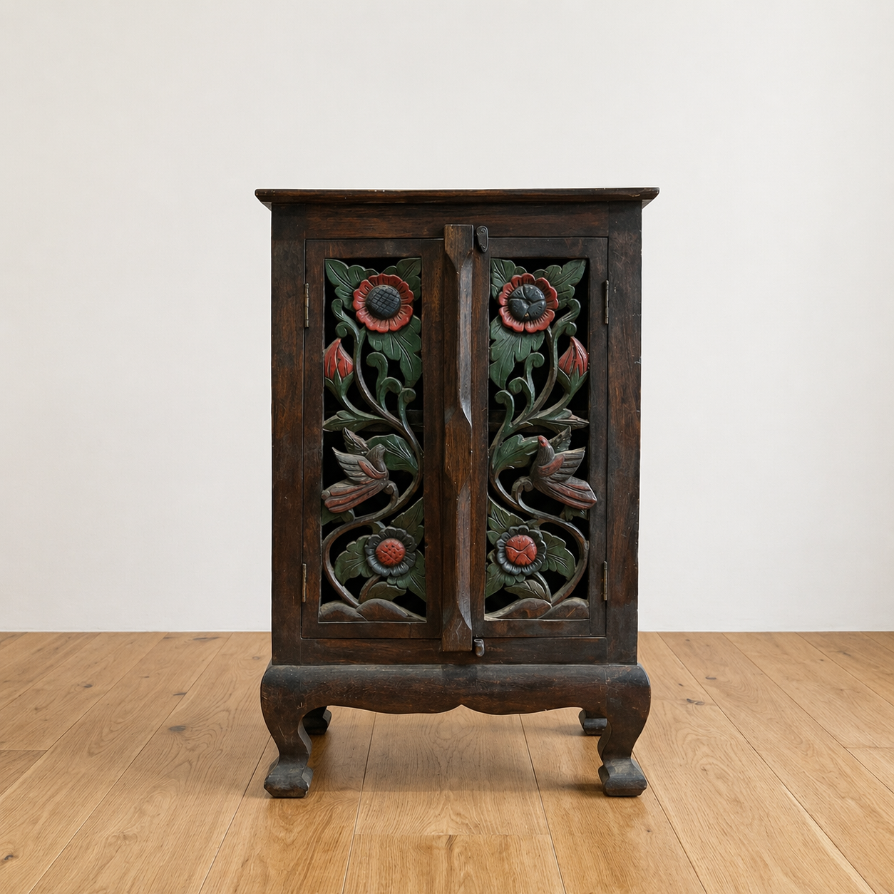 Handcarved Wooden Cabinet with Floral & Bird Design – Handmade Storage Unit