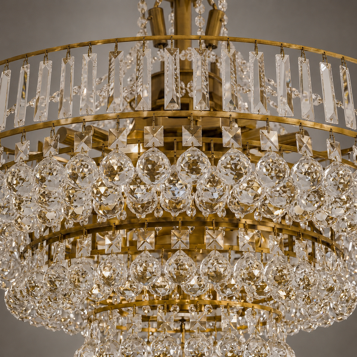 Large Antique Brass & Crystal Multi-Tier Chandelier