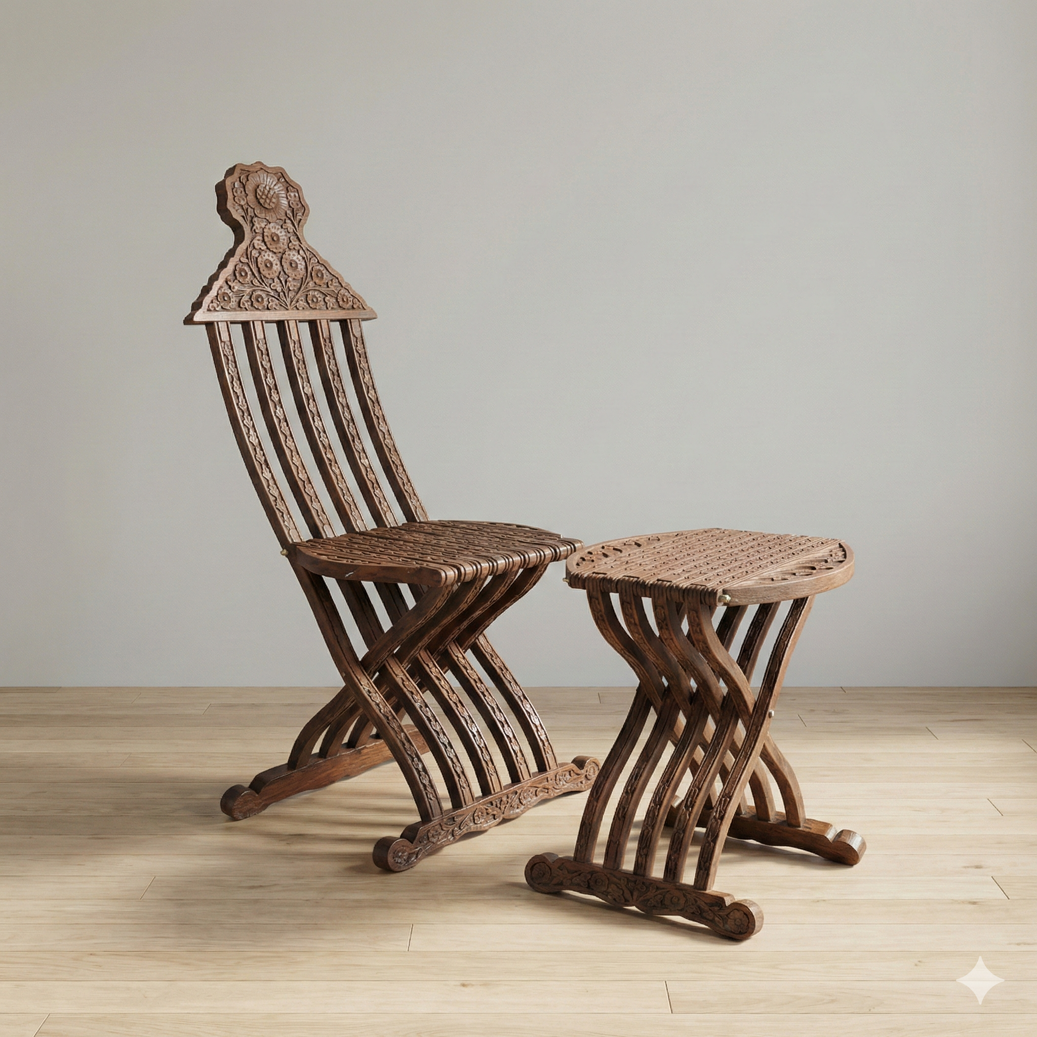 Hand-Carved Wooden Chair with Footstool