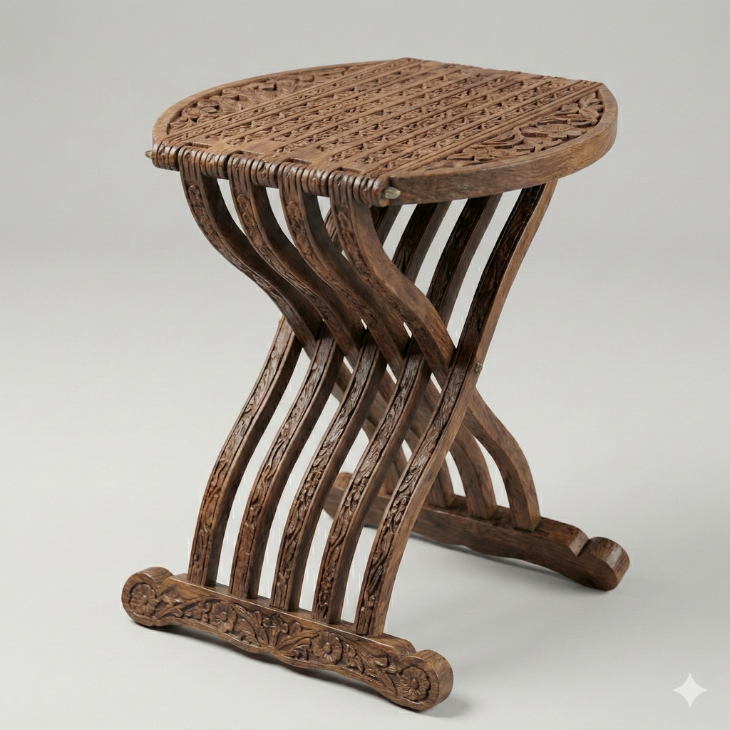 Hand-Carved Wooden Chair with Footstool