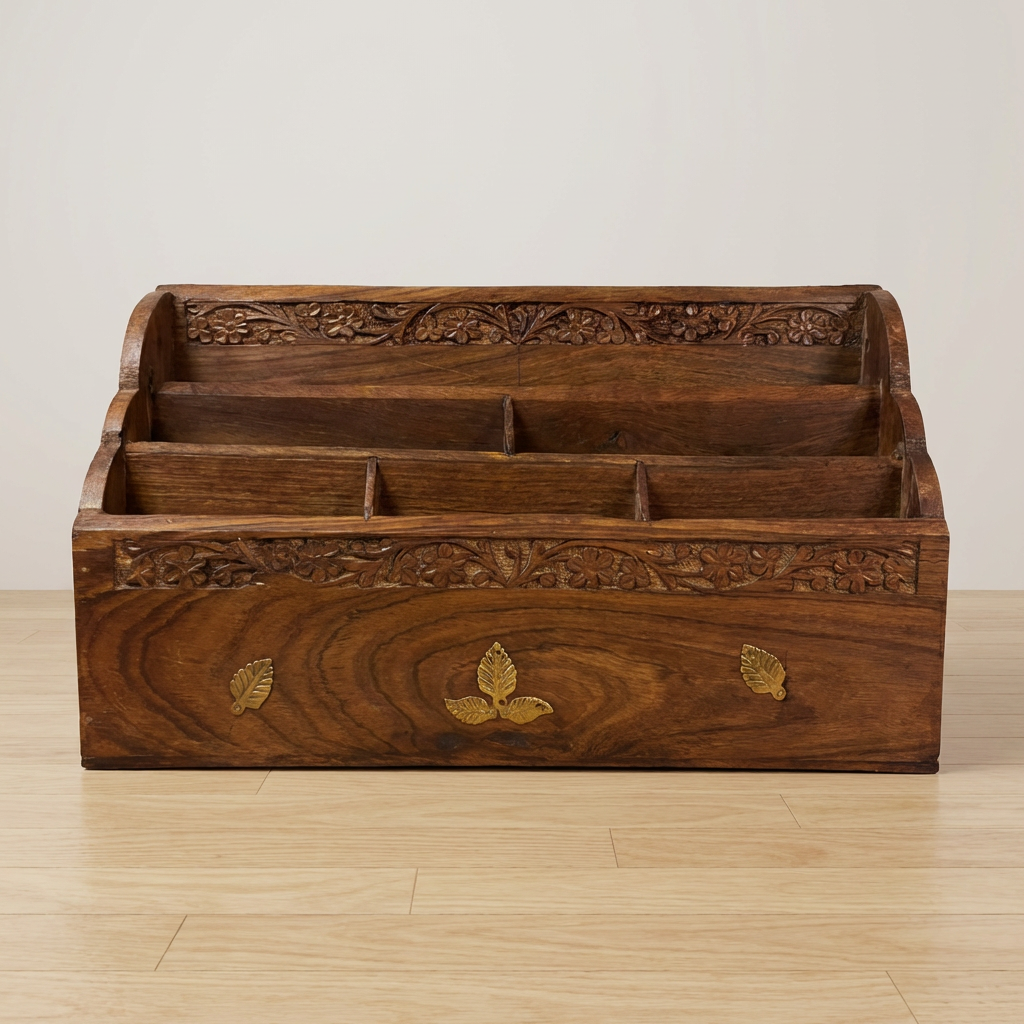 Handmade Thai Wooden Organizer with Brass Inlay