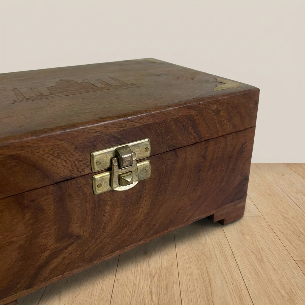 Wooden Box with Brass Taj Mahal Inlay
