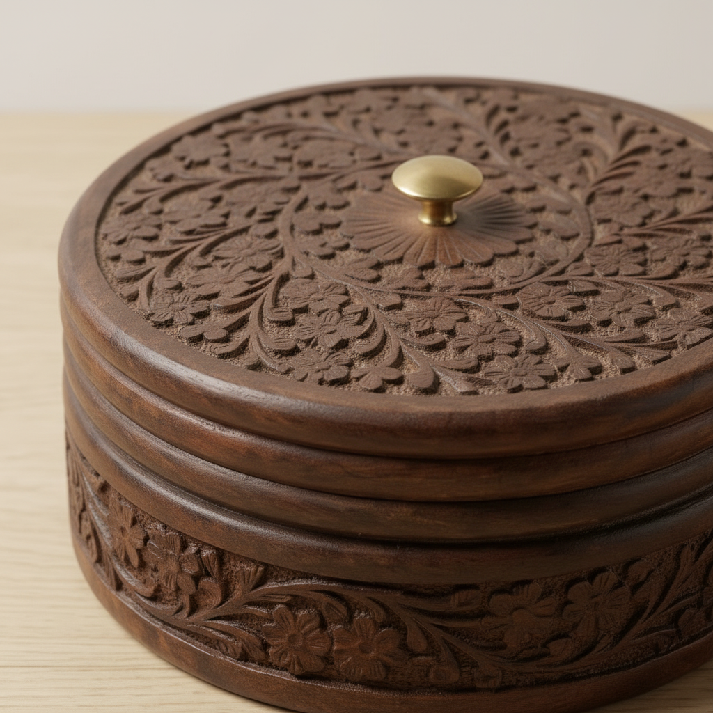 Hand-Carved Indian Wooden Storage Box with Lid