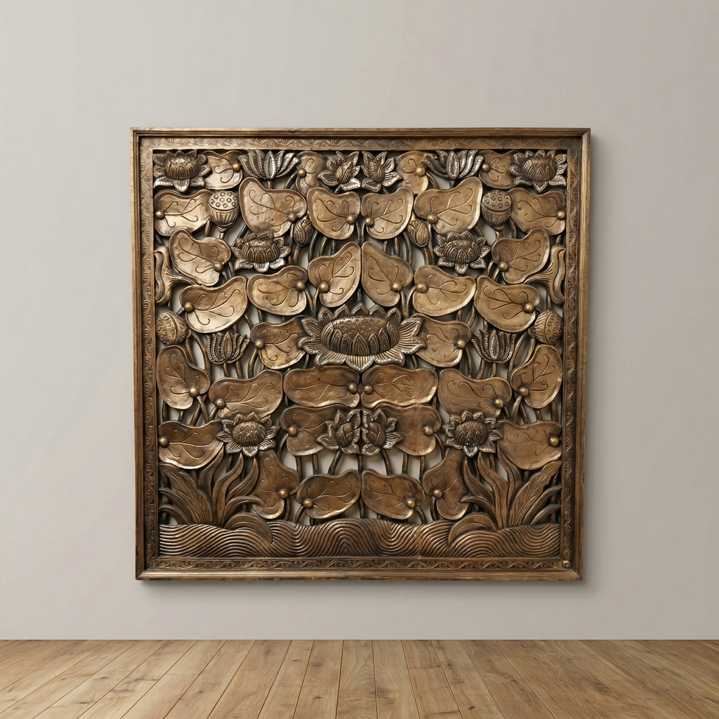 Handcrafted Walnut Wood Wall Art Panel with Mirror Inlay