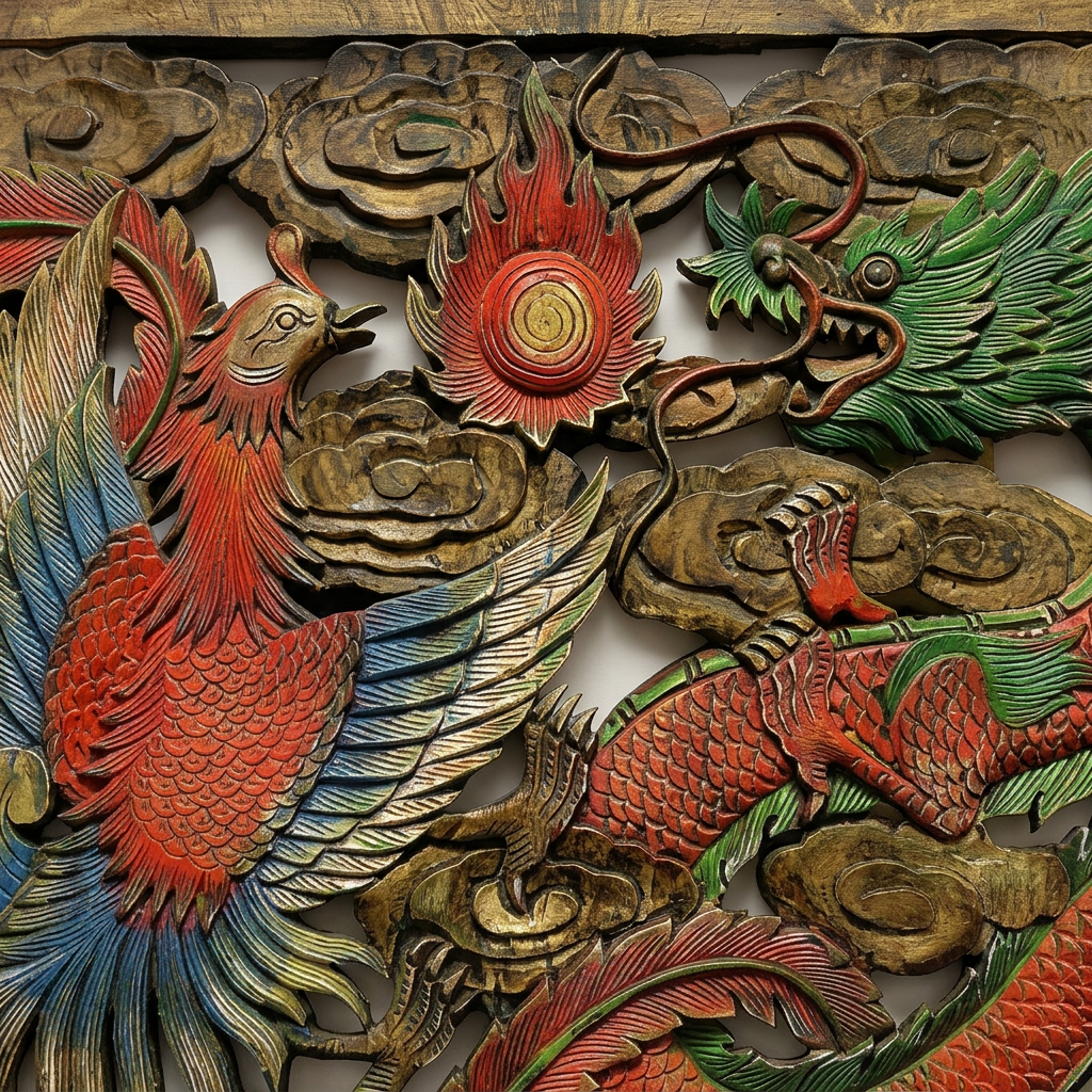 Handcrafted Teak Wood Dragon & Phoenix Wall Art Panel